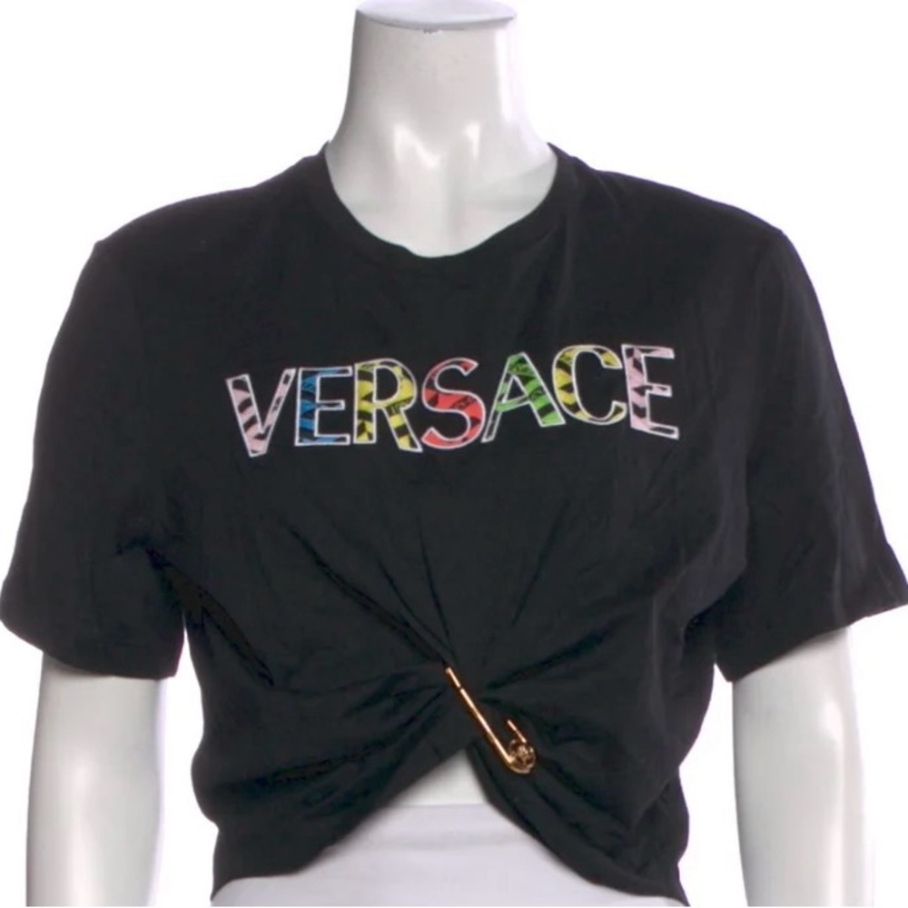 NWT Versace Black Logo Tee with Multicolor Lettering